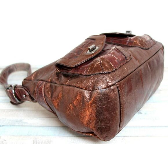 NUOVEDIVE Italy BRONZE CROCO BROWN GENUINE LEATHER ZIP TOP SHOULDER BAG HANDBAG - Picture 10 of 12